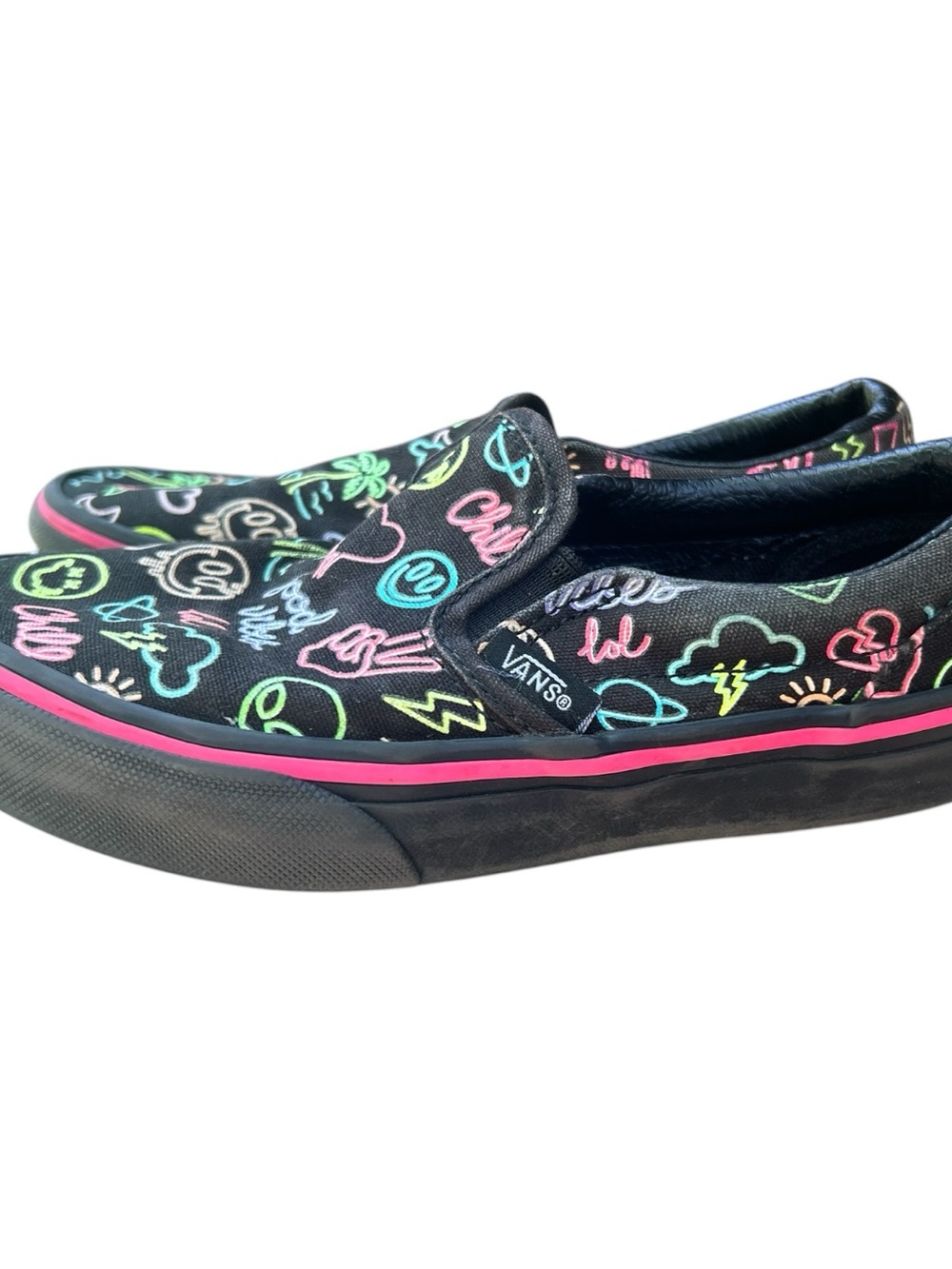 Vans Kids Slip-On Sneakers Black with Neon Multicolor Doodles Very Rad 1 Youth - Picture 2 of 6